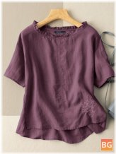 Short Sleeve Blouse with Embroidered Lettuce-Edge