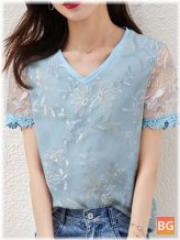 Short Sleeve Blouse with Lace Patchwork Embroidery