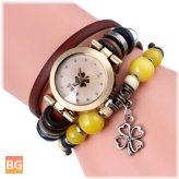 Vintage Quartz Watch with Decorative Beads and Four Leaf Clover