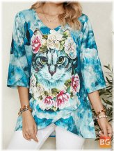 Asymmetrical Sleeve Blouse with Cat Print