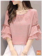 Round Neck Blouse with Plaid Knotted Patchwork Ruffle