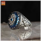 Zircon Alloy Ring with Blue Engraved Pattern