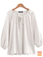 Pleated Cotton Blouse with O-Neck