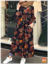 Women's Retro Floral Print O-neck Button Robe Shirt - Maxi Dress