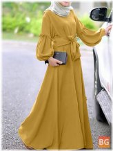 Women's Solid Color Belted O-Neck Button Maxi Dress