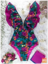 One Piece Swimsuit with Floral Print Ruffle Trim