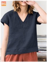 Short Sleeve Blouse with Solid V Neck