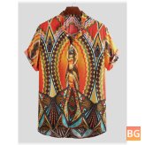 Summer Stand Collar Ethnic Printed Henley Shirt
