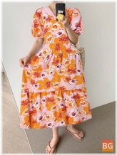 Floral Splicing V-Neck Dress for Women - Bohemian Puff