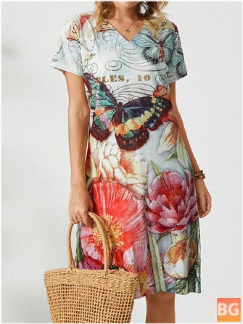 Women's Plus Size Midi Dress with Flowers Print