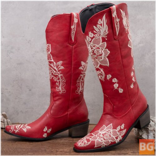 Women's Floral Retro Pointy-toe Embroidery Leather V-Cut Chunky Heel Mid-calf Booties