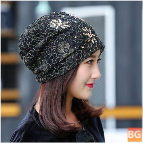 Beanie Cap with Flowers and Rhinestones - Casual