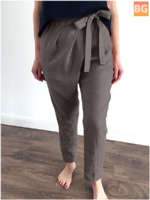 Women's Cotton Solid Color Lace-up Design Elastic Waist Casual Pants