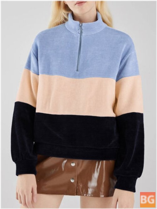Casual Sweatshirt with a Color Block Corduroy Border