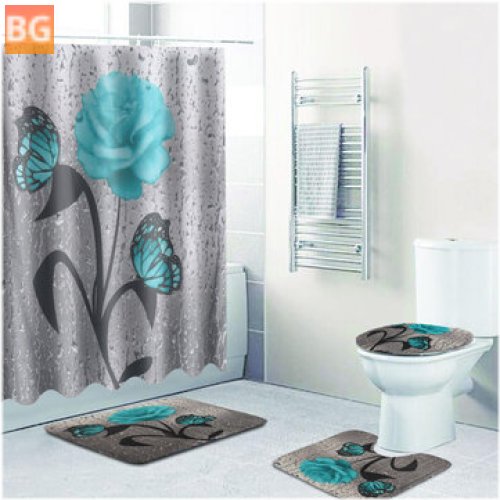 Waterproof Green Butterfly Pattern Bathroom Shower Curtain - Quickly Dry Floor Mats and Mats for Toilet