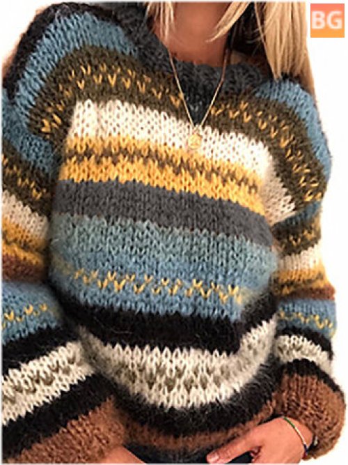 Women Vintage Striped Knitted Long Sleeve Warm Sweaters