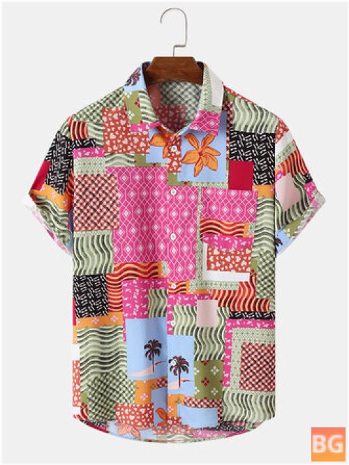 Short Sleeve Button-Up Shirt with Multicolor Plants Overlay