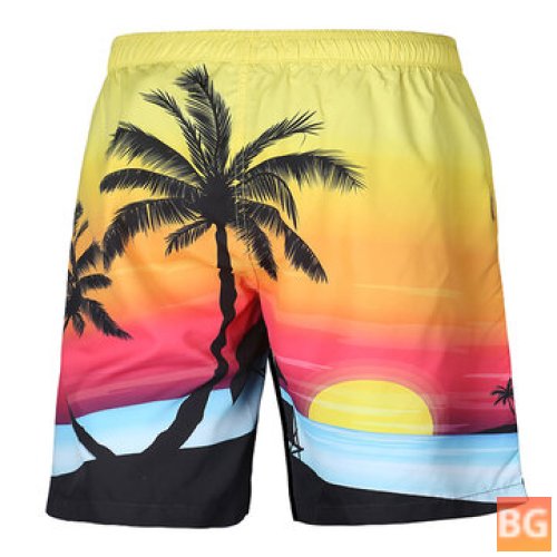 Beach Shorts - 3D Coconut Tree - Sunset Printing - Waterproof - Elasticity