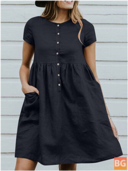 Short Sleeve Casual Cotton Dress with Button Pocket