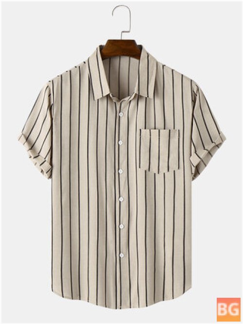 Vertical Chest Pocket Short Sleeve Shirts for Men with Stripes