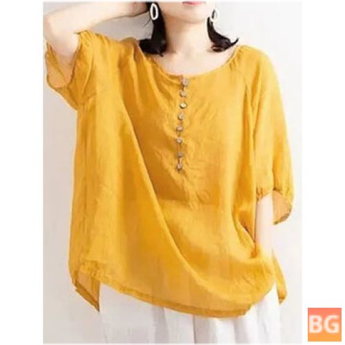 Button-down Blouse with RuchedRound Neck