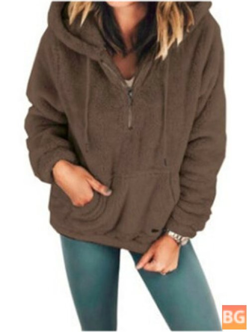 Women's Hooded Solid Zipper Long Sleeve Kangaroo Pocket Casual Sweatshirt