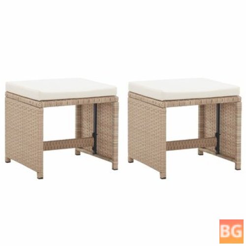 Garden Stools - 2 pcs with Cushions - Poly Rattan Beige