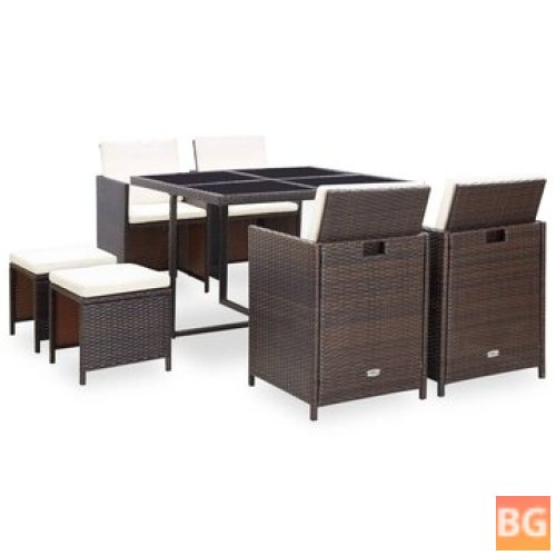 Outdoor Dining Set with Cushions - Poly Rattan Brown