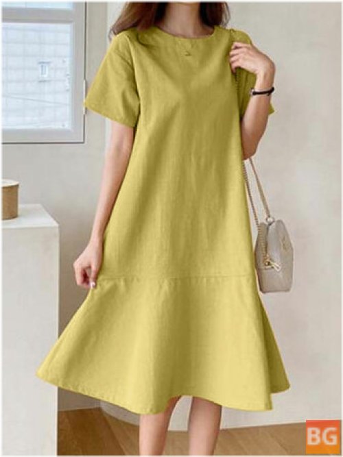 Short Sleeve Round Neck Cotton Midi Dress