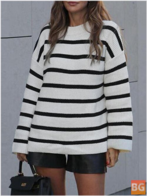 Women Striped O-Neck Casual Loose Fit Preppy Sweaters