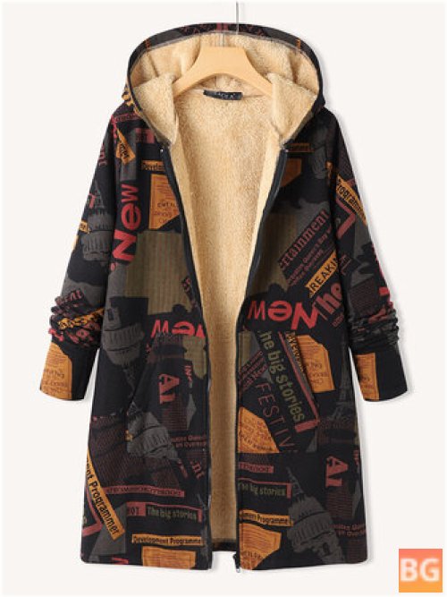 Women's Hooded Plush Patchwork Letter Print Pocket Zip Front Casual Jackets