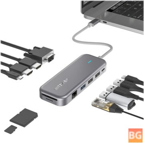 USB-C Hub with 4K @ 30Hz HDMI Ports and 2x USB 3.0 Ports, 1080P 60Hz VGA Port, and a SD Card Slot