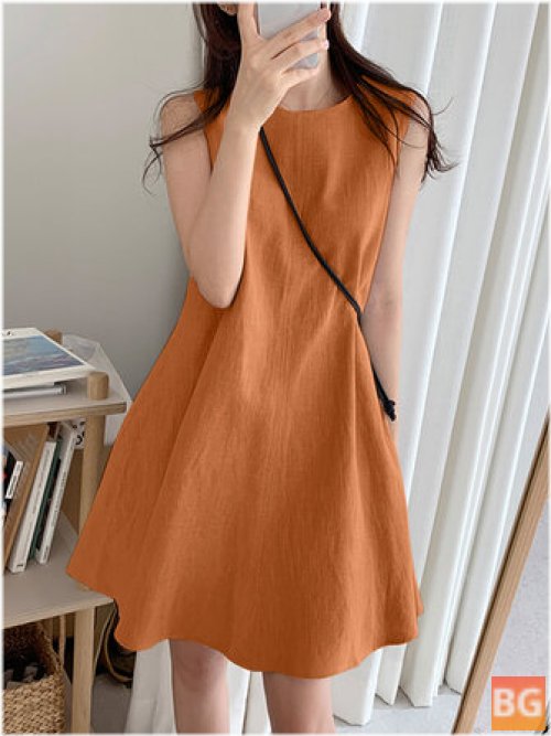 Women's Cotton Solid Color Round Neck Sleeveless Casual Dress