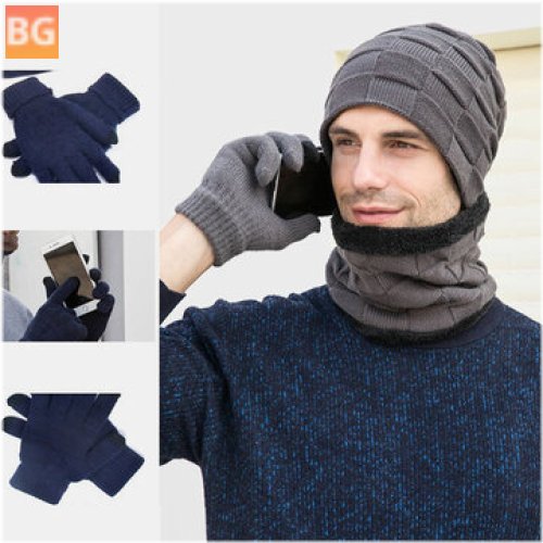 Women's Men's 3PCS Plus Velvet Keep Warm Winter Neck Protection Headgear Scarf Full-finger Gloves Knitted Hat Beanie