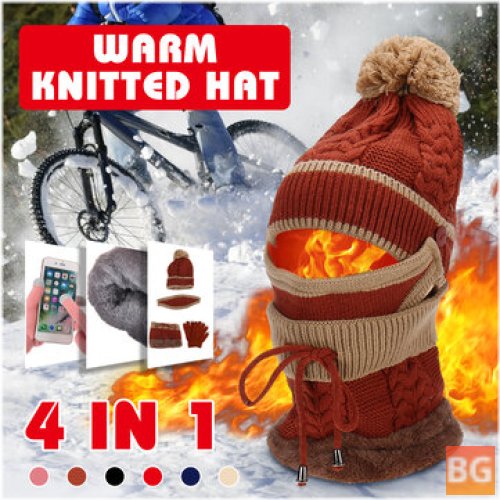 Winter Thicken Women's Touch Screen Gloves with Neckerchief Scarf and Knitted Pompom Beanie Hat Cap