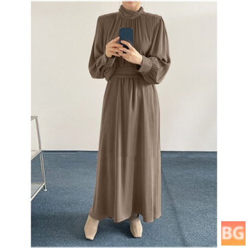 Maxi Dress with Long Sleeve Neckline and Pleated Front