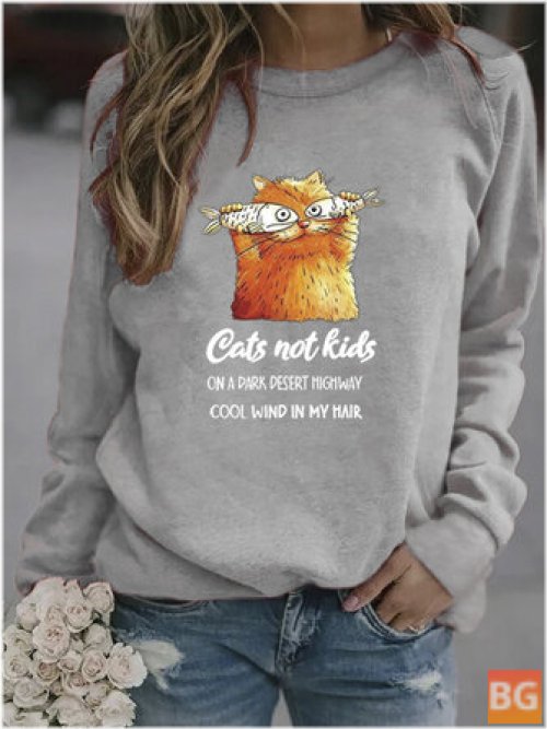 Long Sleeve Cartoon Cat Printed Pullover Sweatshirt for Women