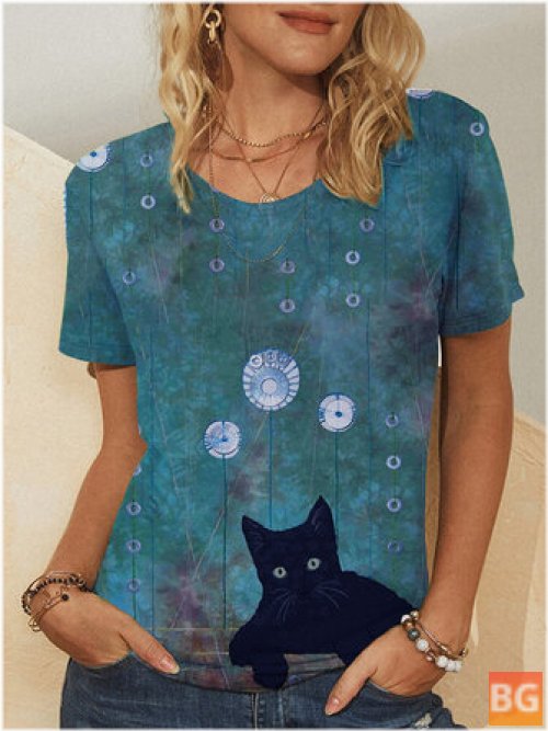 Short Sleeve T-Shirt for Women - Cartoon Cat Print