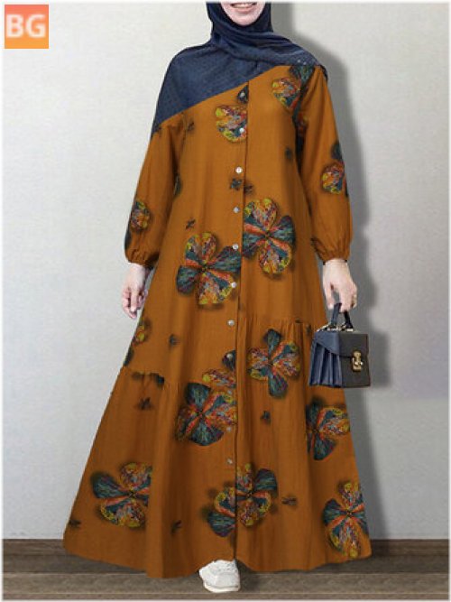 Women's Vintage Floral Print Cotton Shirt Casual Maxi Dress