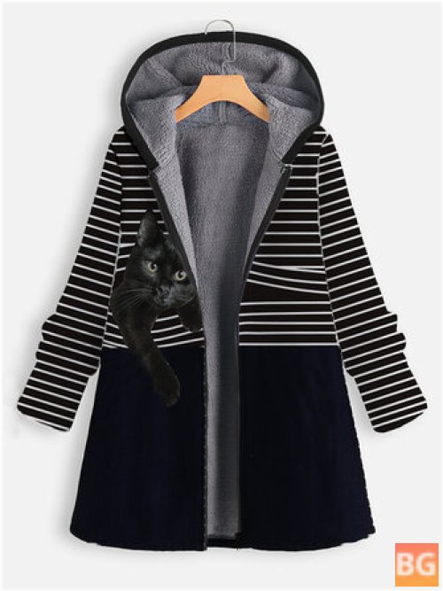 Women's Cat Striped Print Hooded Plus Size Coat