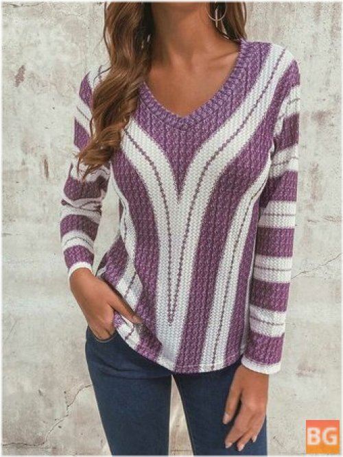 Stripe V-Neck Long Sleeve Casual Sweaters