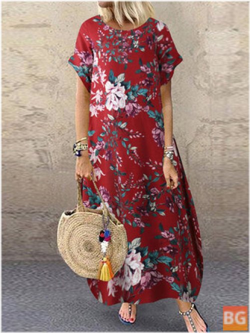 Women's Cotton O-Neck Floral Print leisure dress with side pockets