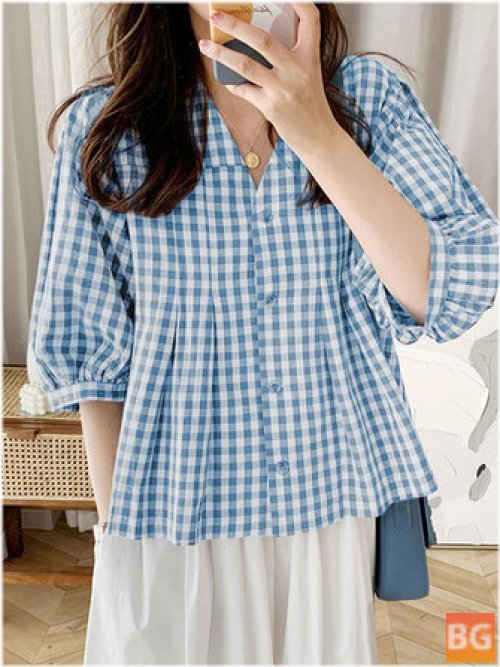 Women's Front Buttons Puff Sleeve Blouses