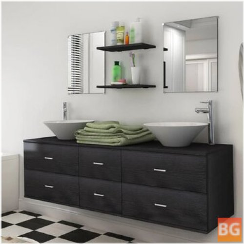 Set of 9 pieces of bathroom furniture with a sink and tap