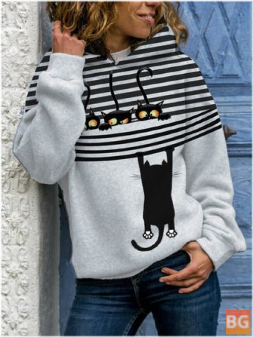 Daily Casual T-Shirt for Women - Striped Cat Print