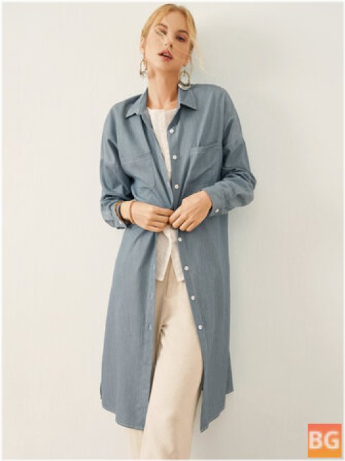 Pocketed Long Sleeve Button Shirt with Slit Hem and Lapel