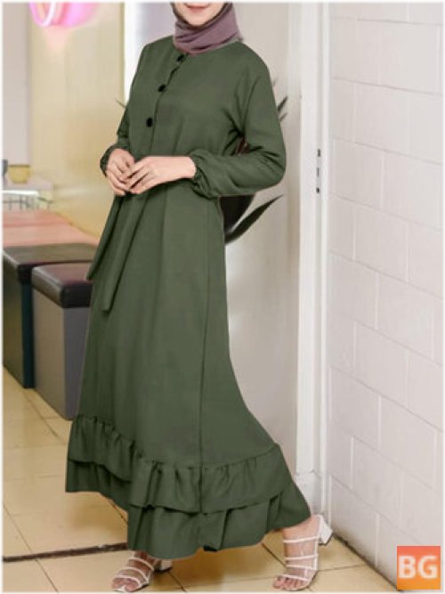Women's Long Sleeve Solid Ruffles Hem Abaya Kaftan Pleats Button Midi Dresses