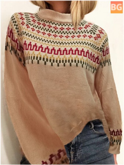 Women Vintage Printed Half-Collar Casual Pullover Sweater