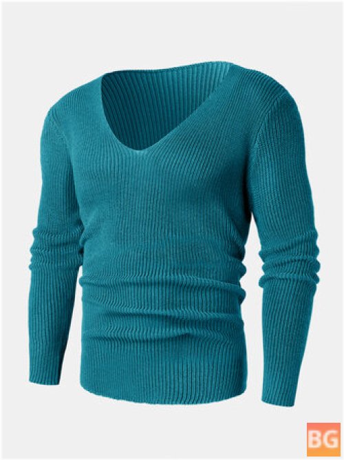 Mens Solid Rib-Knit V-Neck Basic Sweater