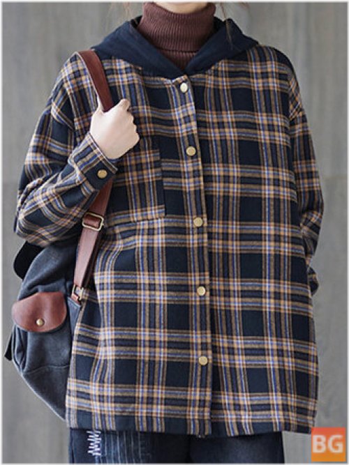 Women's Hoodie Literary Check Pocket Button Long Sleeve Vintage Coat